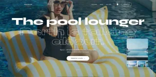 AquaLuxe product landing page featuring a pool lounger and oversized typography.