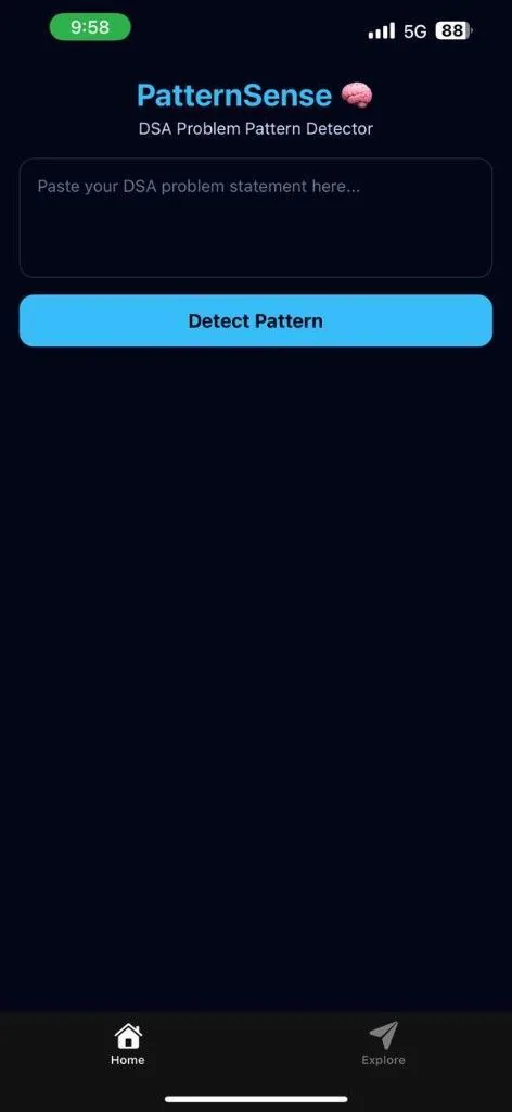 PatternSense mobile app with a DSA problem statement field and Detect Pattern action.