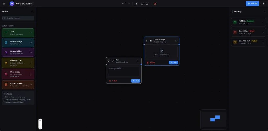 Workflow Builder with a six-node palette, Text and Upload Image nodes on a canvas, and a run history panel.